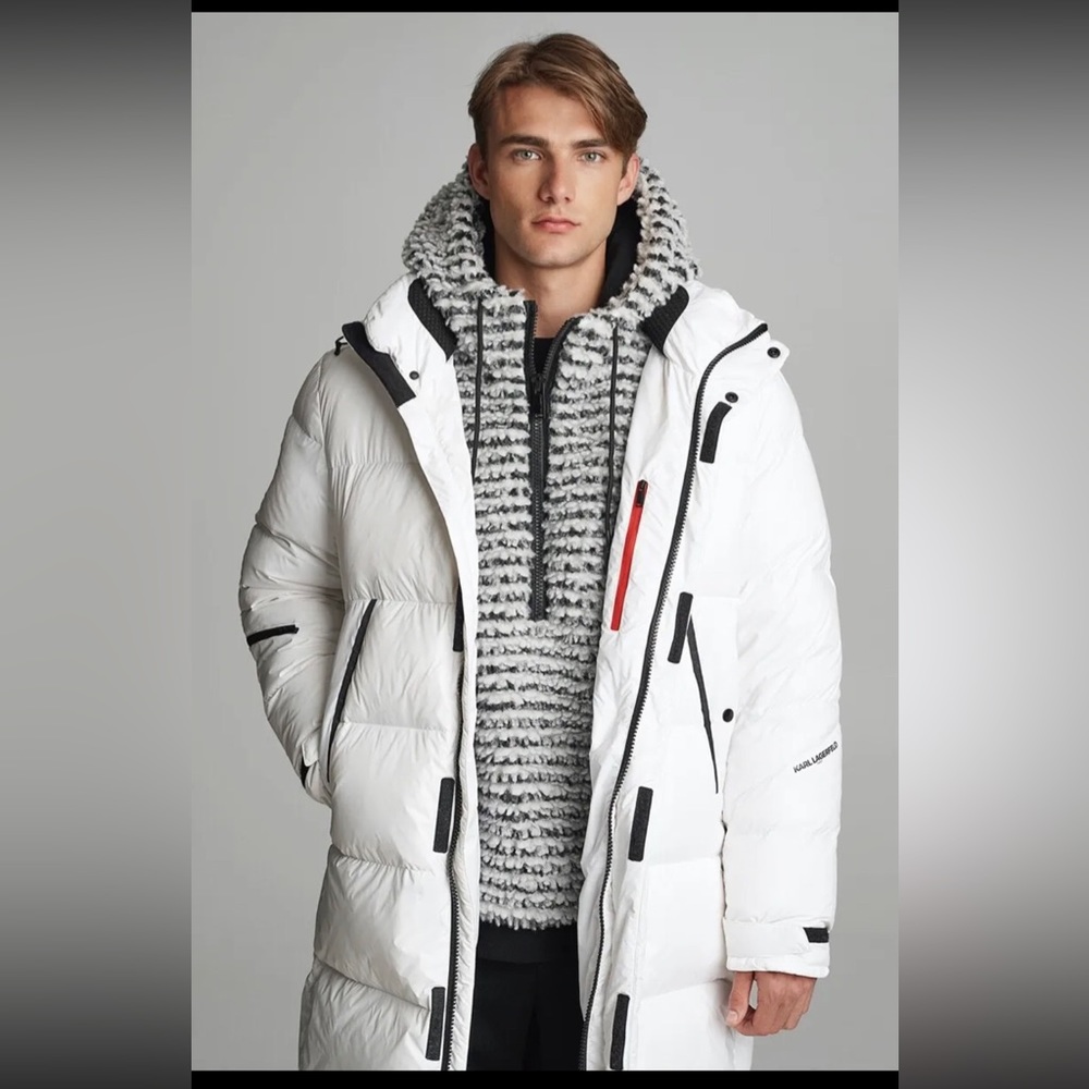 KARL LAGERFELD Men's Long Down Puffer Coat Hooded Apres Ski Jacket Limited Ed *M